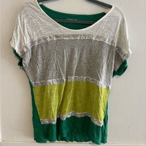 Coldwater Creek Green and Gray Striped Tee with Silver Accents